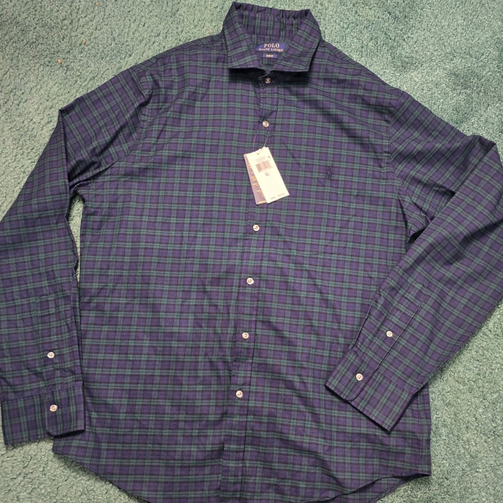 Polo Ralph Lauren Mens XL Slim Fit Black Watch Plaid Navy Blue Green Shirt NWT - Picture 2 of 7